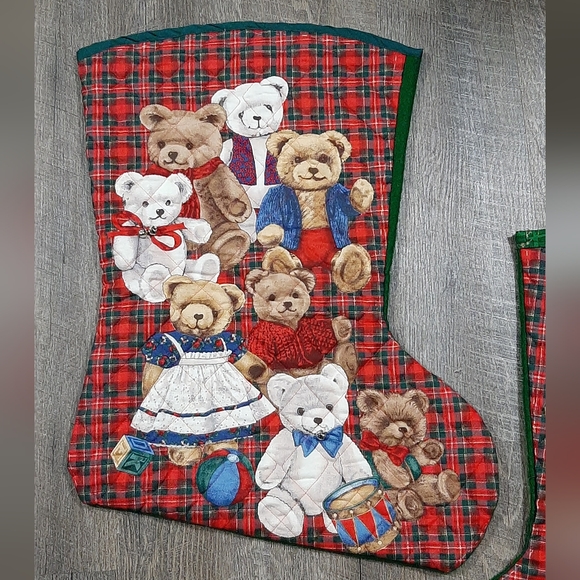 Vintage Handmade 80s Christmas Teddy Bear Stocking Quilted 14 1/2" x 21" Holiday - Picture 2 of 5